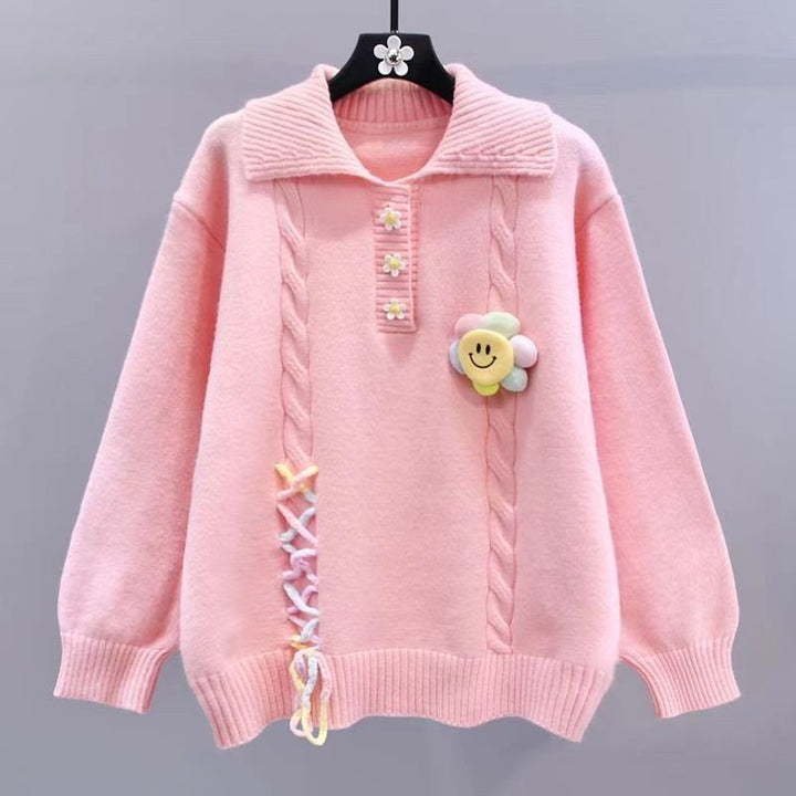 Women's Fashionable Sweater with Flower Applications and Cable Pattern Mune Fashion