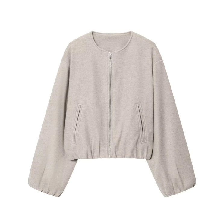 Women nan cast-cut wool bomber jacket with round neckline, continuous zipper, piped side pockets and elastic hem Mune Fashion