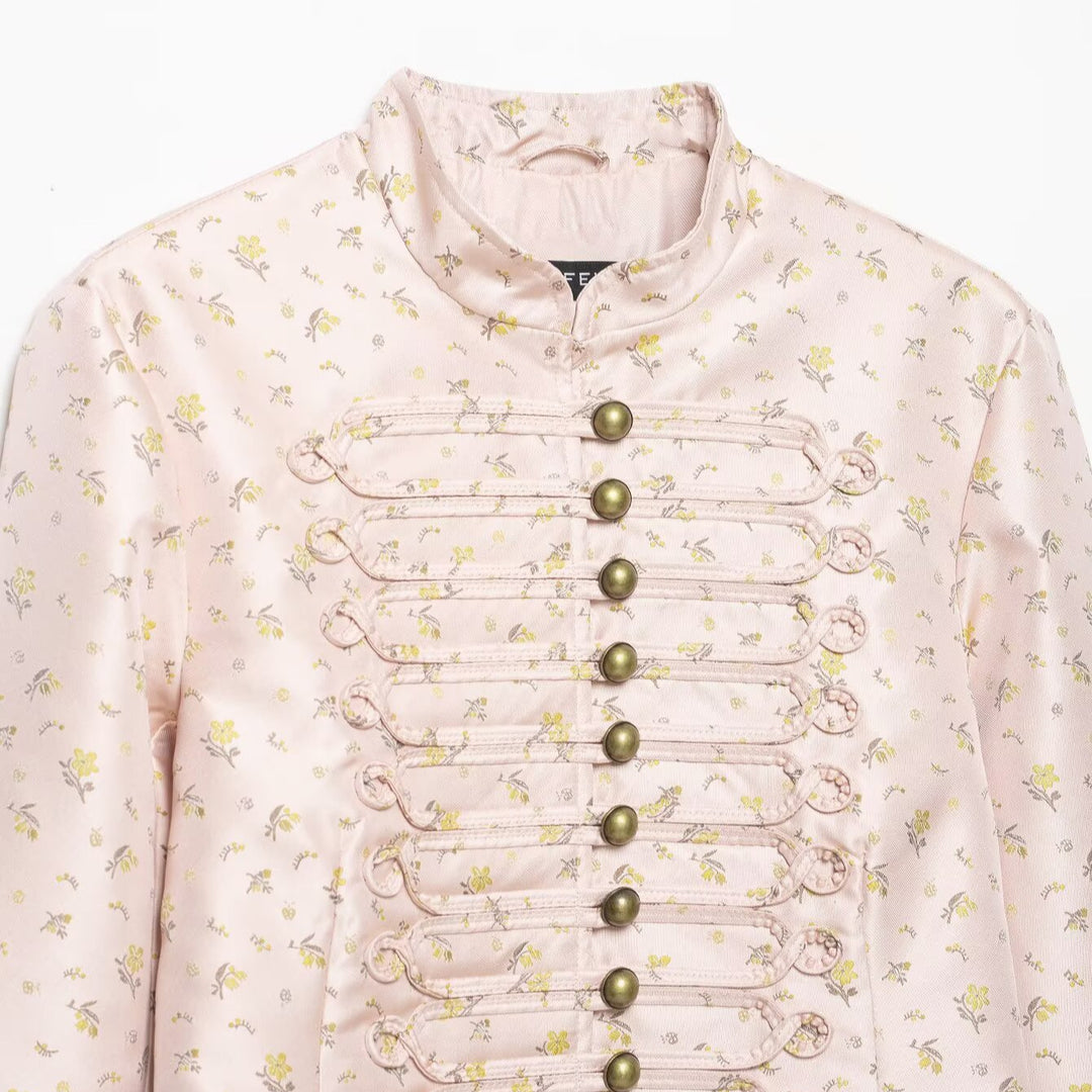 Women Cropped Satin Military Jacket with Stand-Up Collar and Decorative Frog Closure Mune Fashion