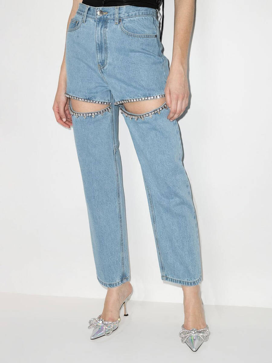 Women's Jeans with Decorative Cut-Outs and Rhinestone Embellishments Mune