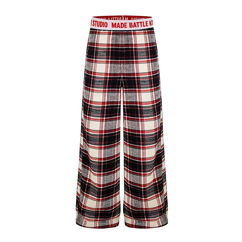 Ladies Wide Lounge Pants with Check Pattern and Elastic Logo Waistband Mune Fashion