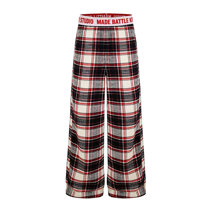 Ladies Wide Lounge Pants with Check Pattern and Elastic Logo Waistband Mune Fashion