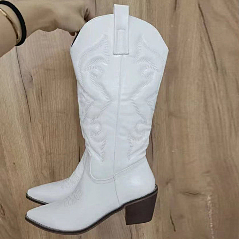 Ladies nan metallic western boots with mid-high shaft decorative embroidery and side zipper Mune Fashion