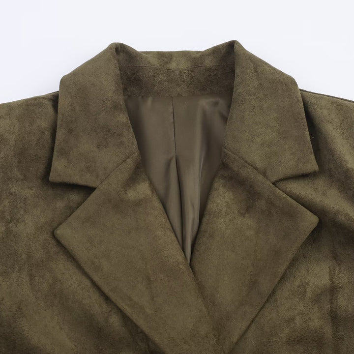 Women's Double-Breasted Suede Look Blazer with Lapel Collar and Flap Pockets Mune Fashion