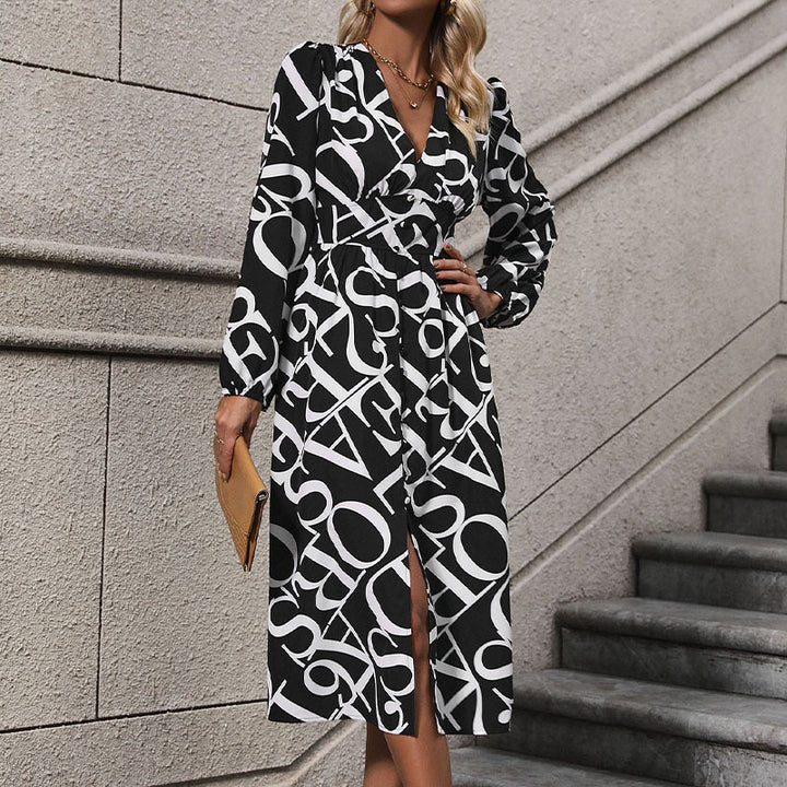 Women's midi dress with wrap V-neck, long sleeves, and side slit