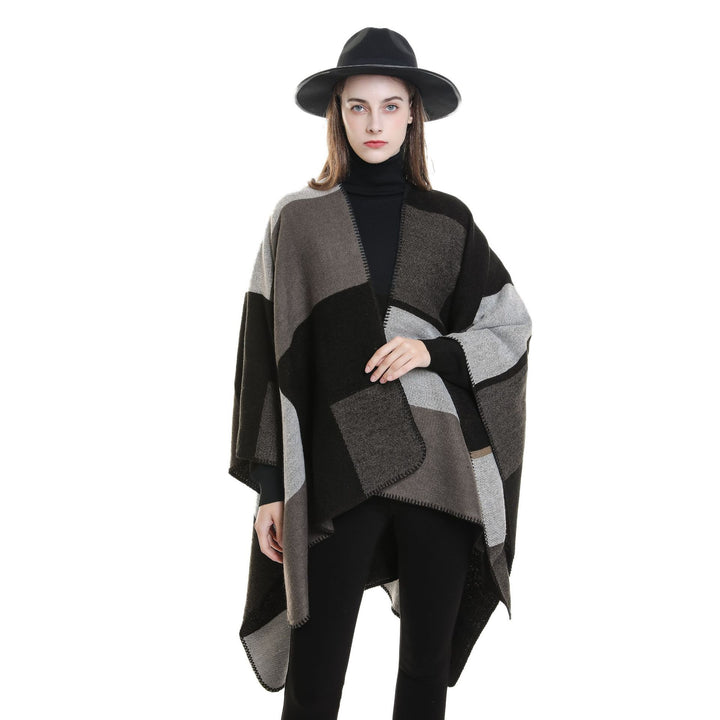 Women's Soft Wool Blend Poncho with Geometric Jacquard and Open Waterfall Cut Mune Fashion