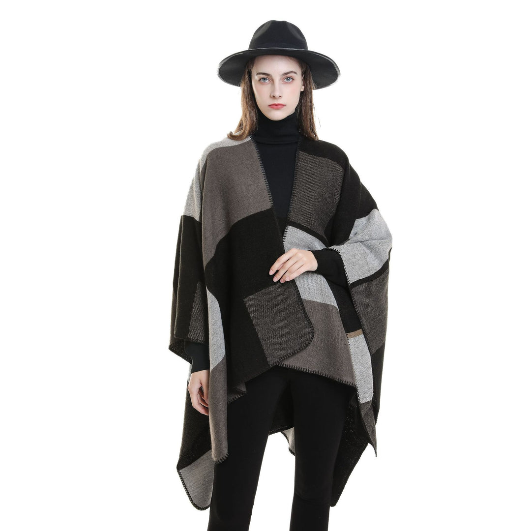 Women's Triangular Knit Poncho with Geometric Jacquard Pattern and Decorative Stitch Mune Fashion