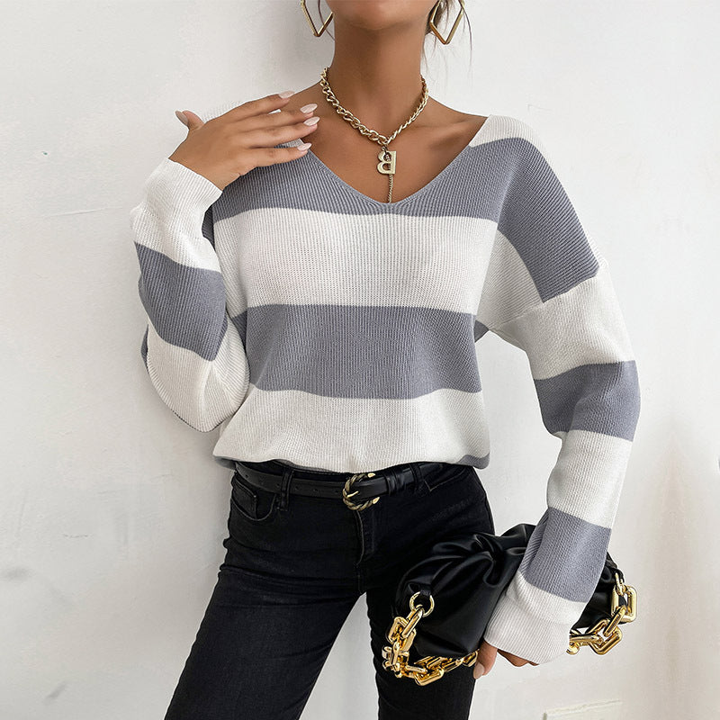 Women's Casual V-Neck Knitted Sweater with Wide Stripes Mune Fashion