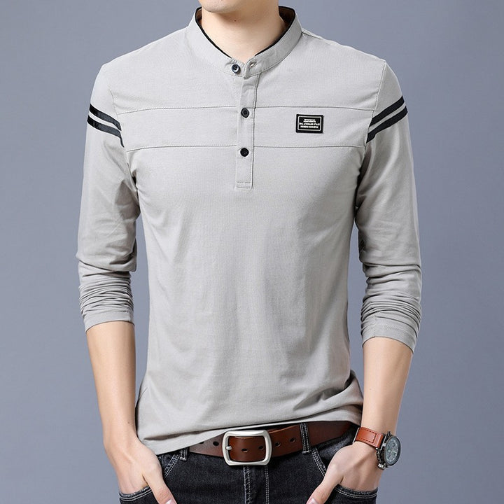 Men's Slim-Fit Long Sleeve Henley with Stand Collar and Shoulder Stripes Mune Fashion