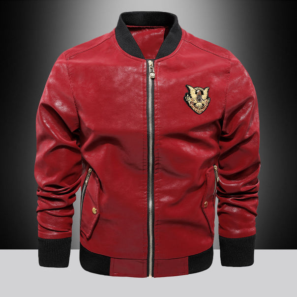 Men's Faux Leather Bomber Jacket in Aviator Style with Emblem Application Mune Fashion
