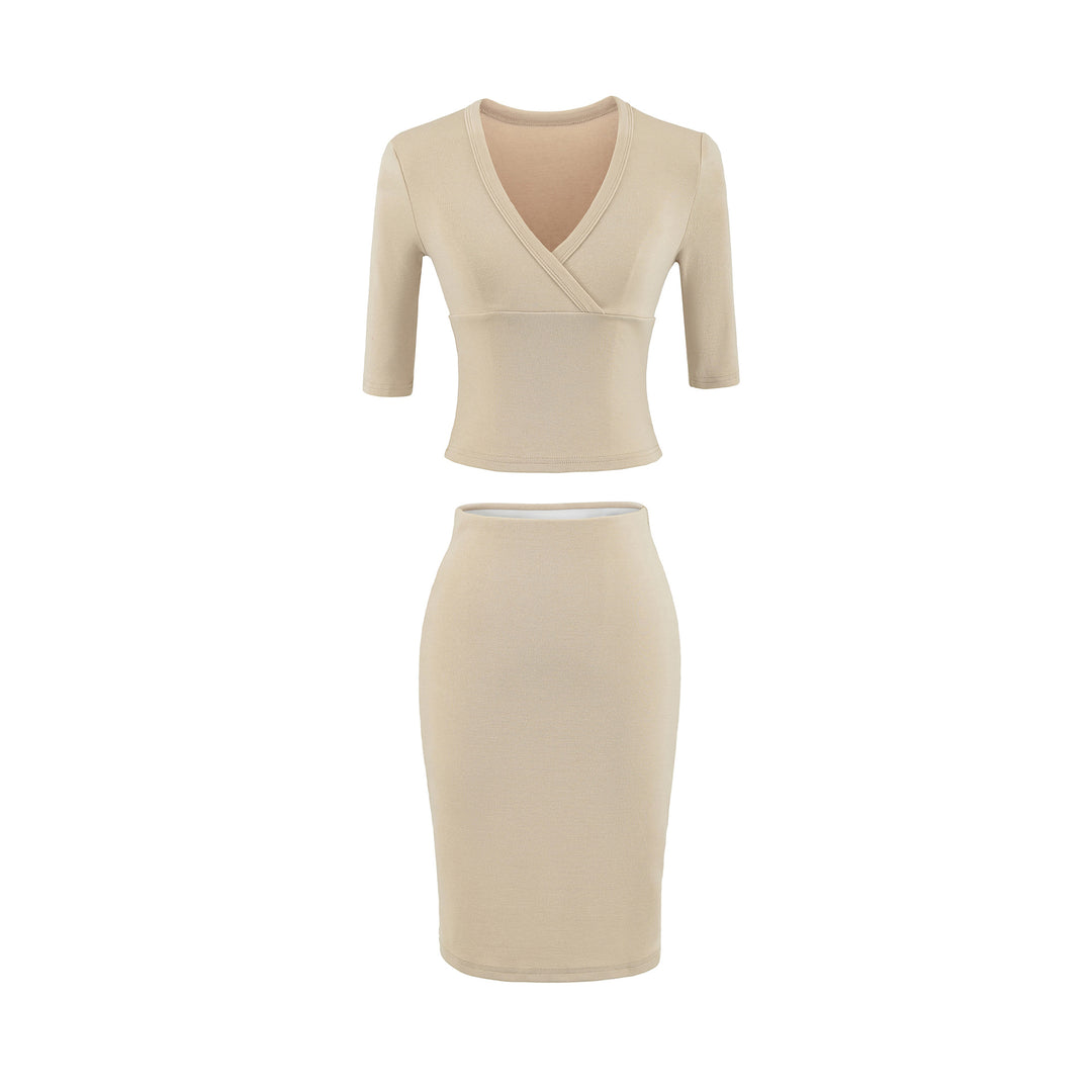 Women's two-piece figure-hugging wrap top with three-quarter sleeves and high-waisted pencil skirt Mune Fashion