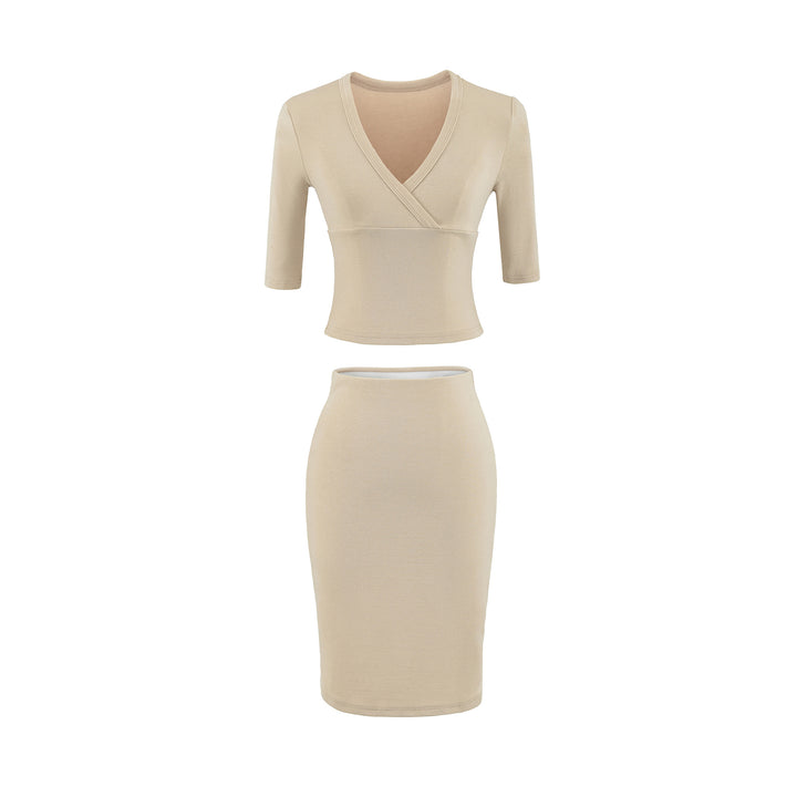Women's two-piece figure-hugging wrap top with three-quarter sleeves and high-waisted pencil skirt Mune Fashion