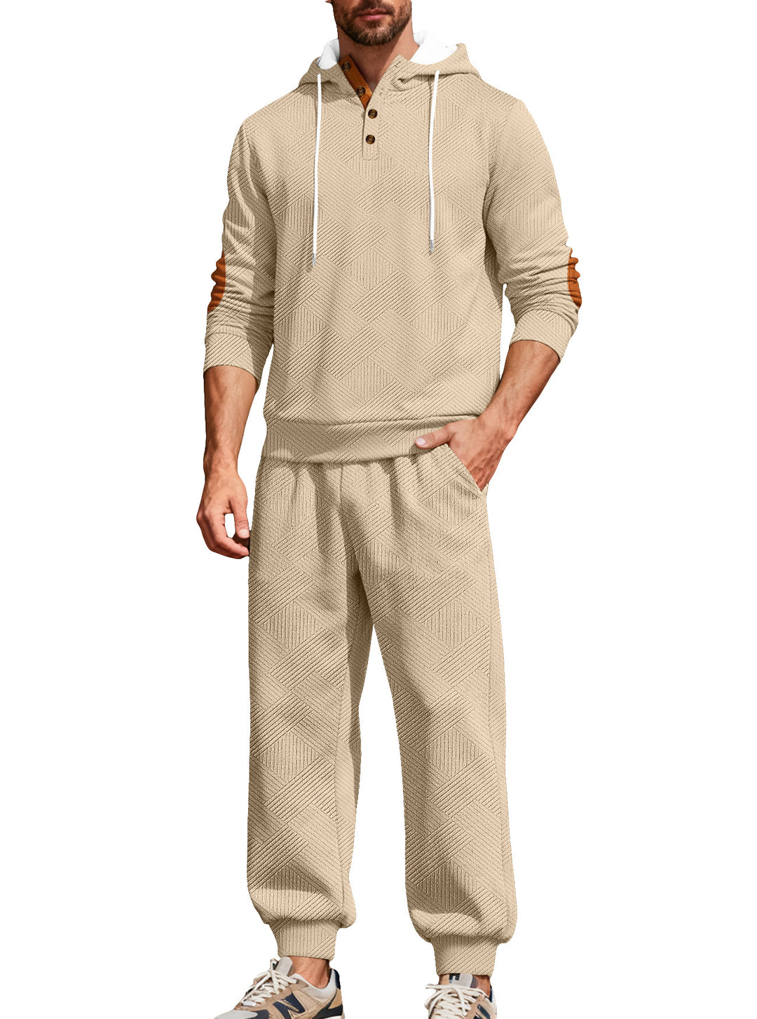 Men's textured hoodie jogging set with Henley button placket and contrast elbow patches Mune Fashion