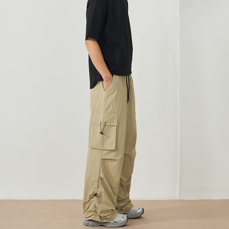 Men's Wide Nylon Cargo Pants with Adjustable Hem Drawstrings and Drawstring Waist Mune Fashion