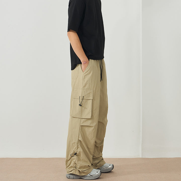 Men's Wide Nylon Cargo Pants with Adjustable Hem Drawstrings and Drawstring Waist Mune Fashion