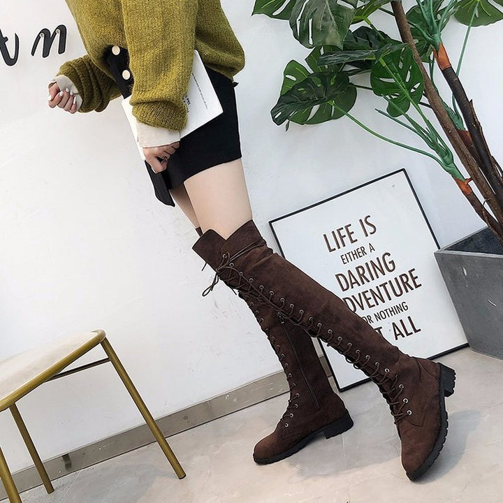 Women Knee-high Lace-up Boots with Continuous Lacing Made of Velour Imitation and Slip-resistant Profile Sole Mune Fashion