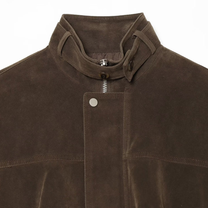 Women's Oversize Suede Bomber Jacket with High Stand Collar and Zipper Pockets Mune Fashion