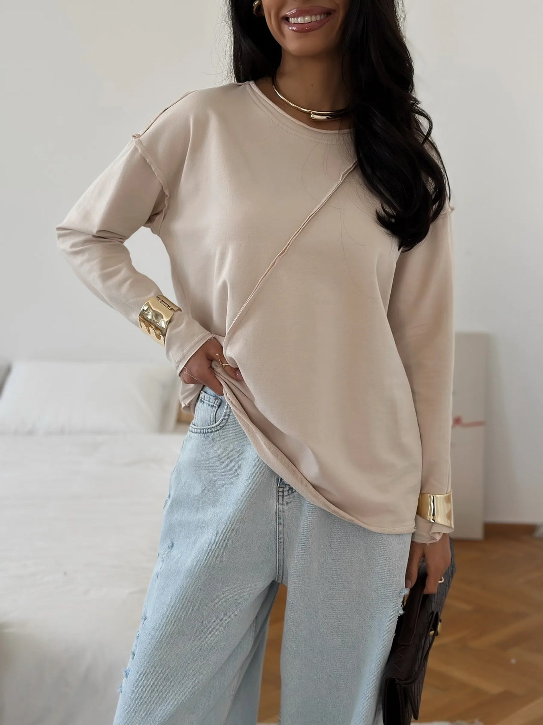 Women Oversized Longsleeve with diagonal seam and drop shoulders Mune Fashion