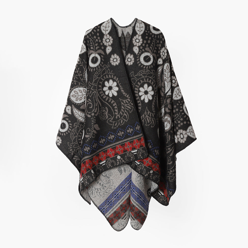 Women Oversize Jacquard Throw in Cape Style with Paisley and Floral Design Mune Fashion