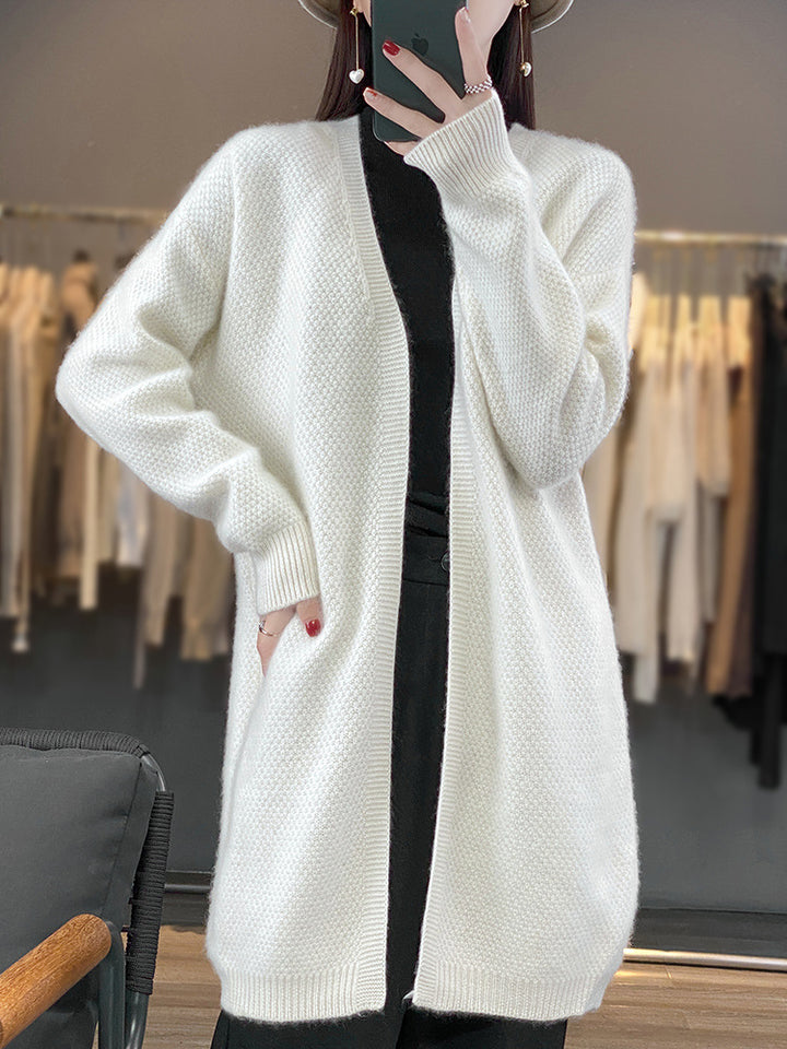 Women’s Long Open Knit Cardigan with Seed Pattern and Ribbed Edges Mune Fashion