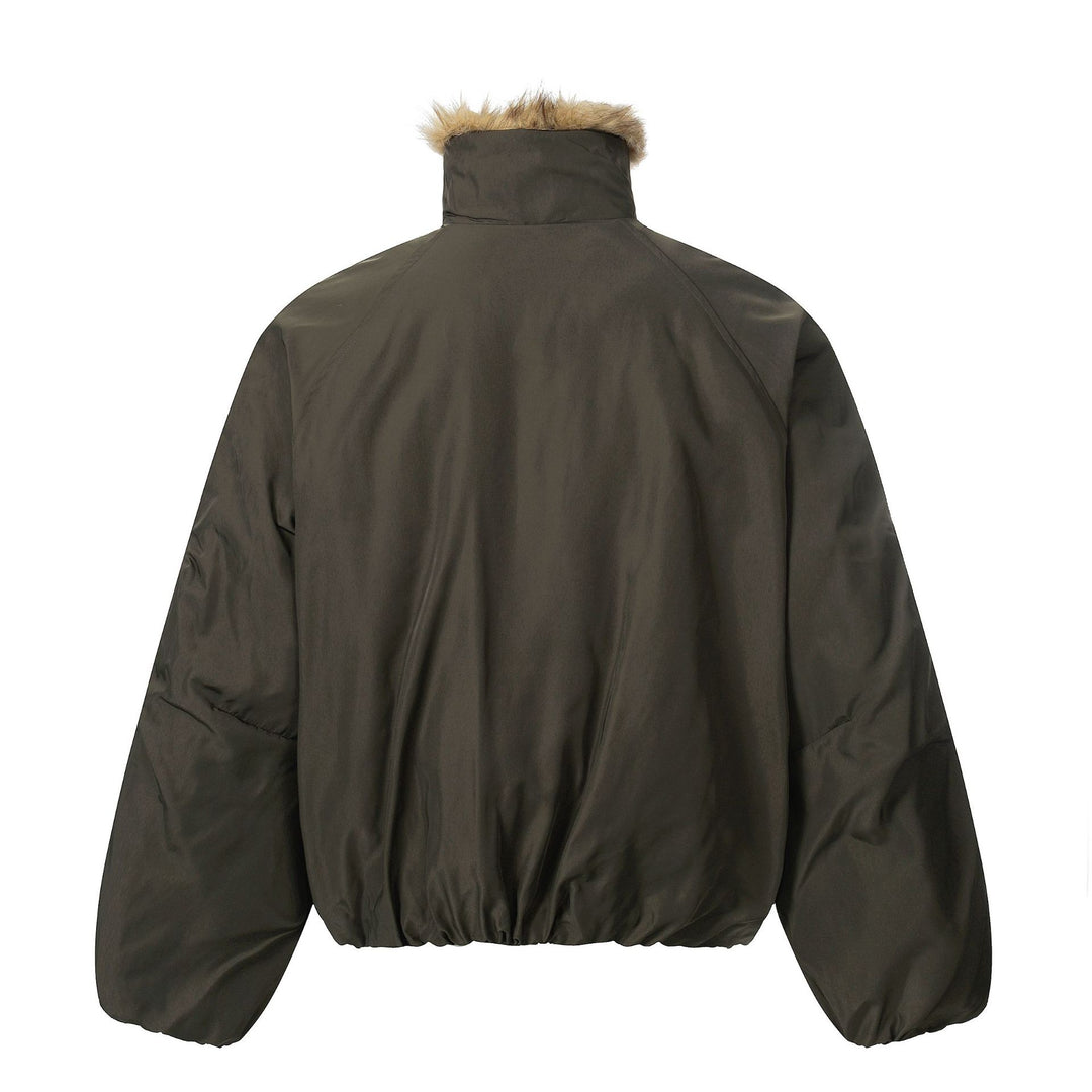 Men's short-cut boxy puffer jacket with faux fur hood and vertical zip pockets Mune Fashion