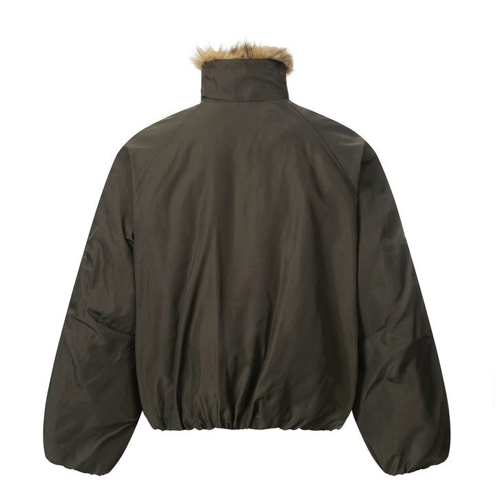 Men's short-cut boxy puffer jacket with faux fur hood and vertical zip pockets Mune Fashion