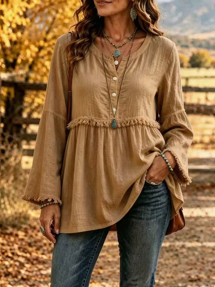 Women's Fringe Tunic Blouse with V-Neck and Bell Sleeves Mune Fashion