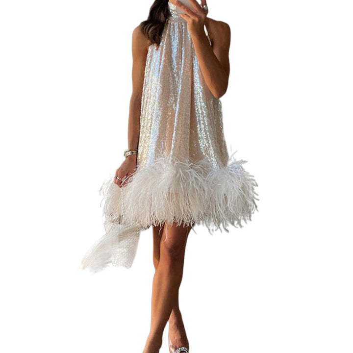 Women's sequin dress with feather trim and stand-up collar Mune Fashion