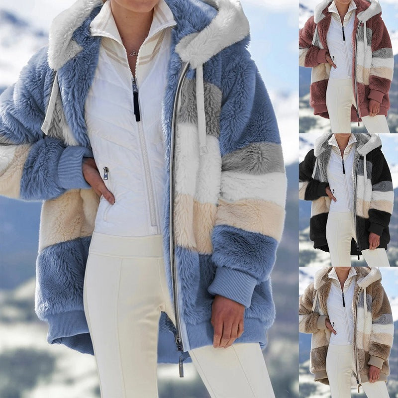 Women's oversized faux fur patchwork hooded jacket with ribbed cuffs and two-way zip Mune Fashion