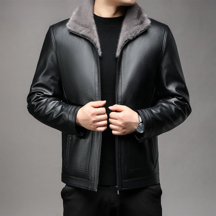 Men's faux leather jacket with teddy fur collar and warming thermal lining Mune Fashion