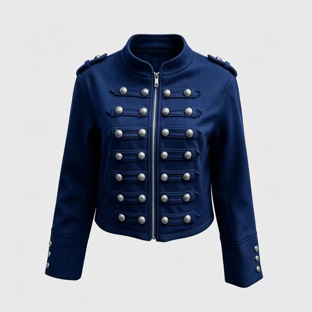 Ladies short jacket in military style with stand-up collar, decorative button placket and shoulder epaulettes Mune Fashion