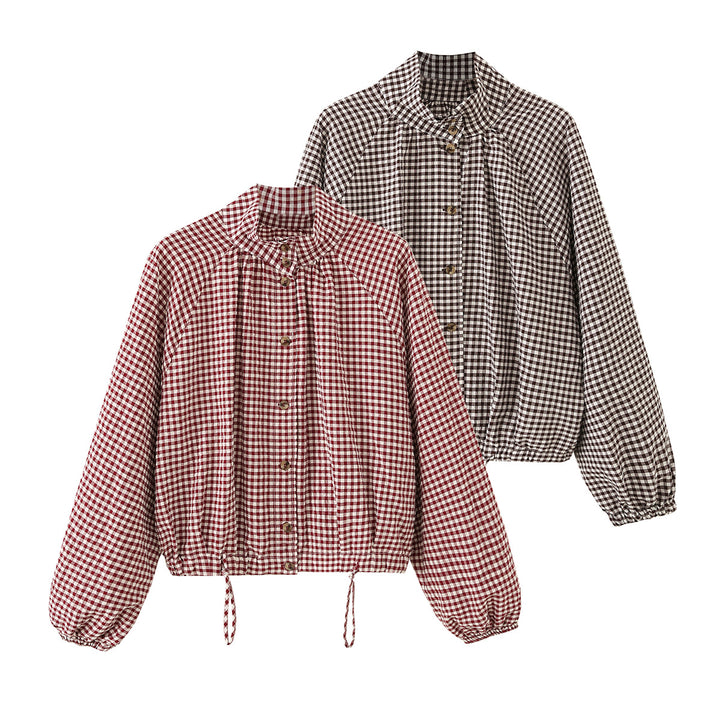 Women's Checked Oversize Blouson with Drawstring and Stand Collar Mune Fashion
