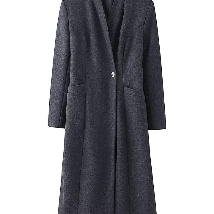 Ladies Elegant Wool Blend Long Coat with Shawl Collarless Look and Single Button Closure Mune Fashion