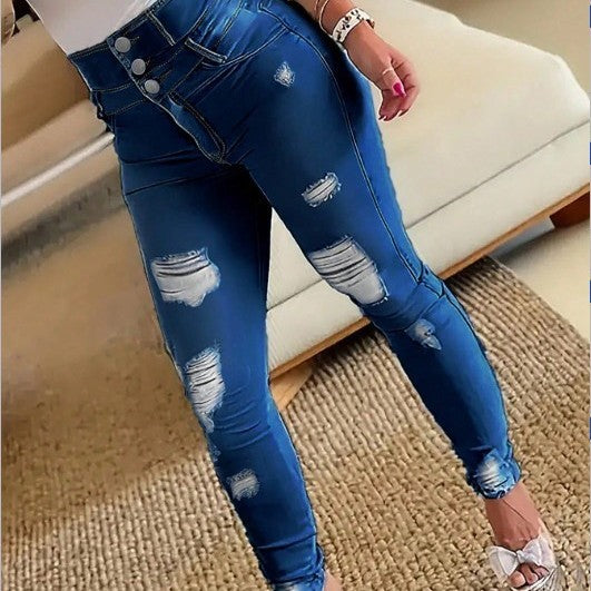 Women's High-Waisted Sculpting Skinny Jeans with Rips and Triple Button Mune Fashion