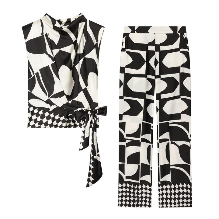 Women Wide Palazzo Pants with High Waist and Graphic Block Print Drune