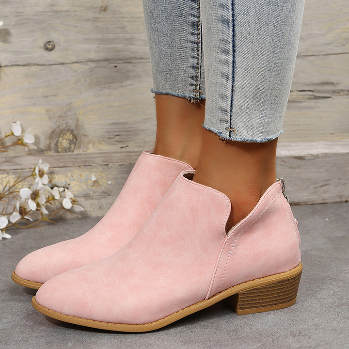 Women's nan lightweight slip-on ankle boots made of faux suede with V-cut design, cushioned comfort insole, and stacked block heel Mune Fashion