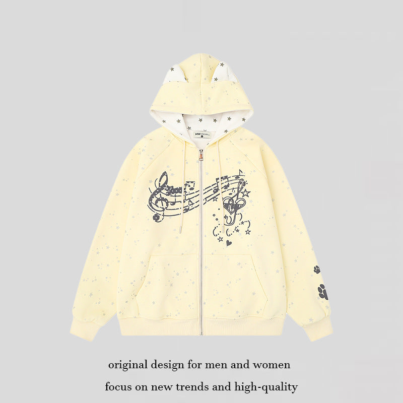 Women's zip hoodie with music print, 3D ear hood and paw appliqué Mune Fashion