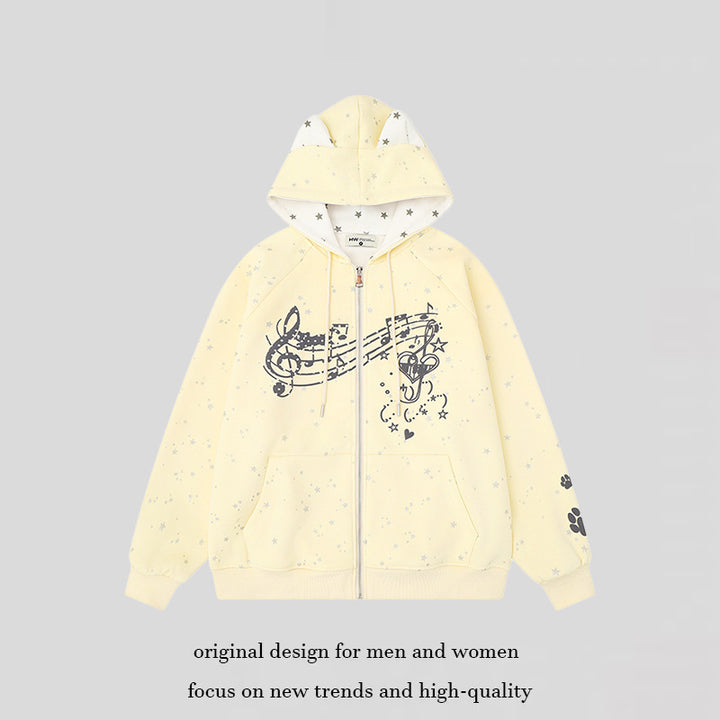 Women's zip hoodie with music print, 3D ear hood and paw appliqué Mune Fashion