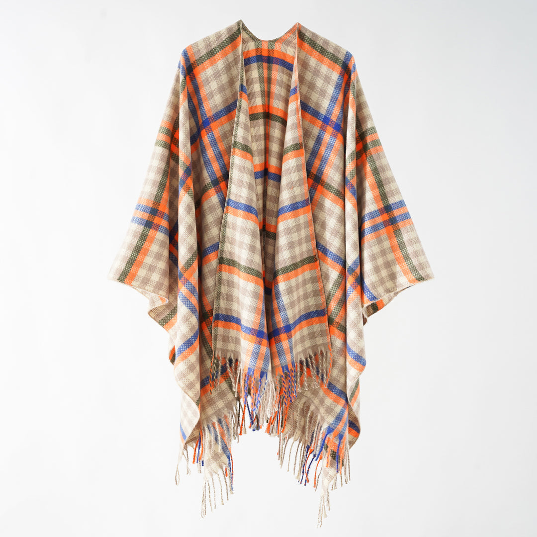 Women's Fringe Ruana made of wool blend with large checkered pattern and open fall Mune Fashion
