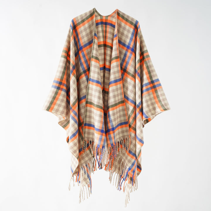 Women's Fringe Ruana made of wool blend with large checkered pattern and open fall Mune Fashion