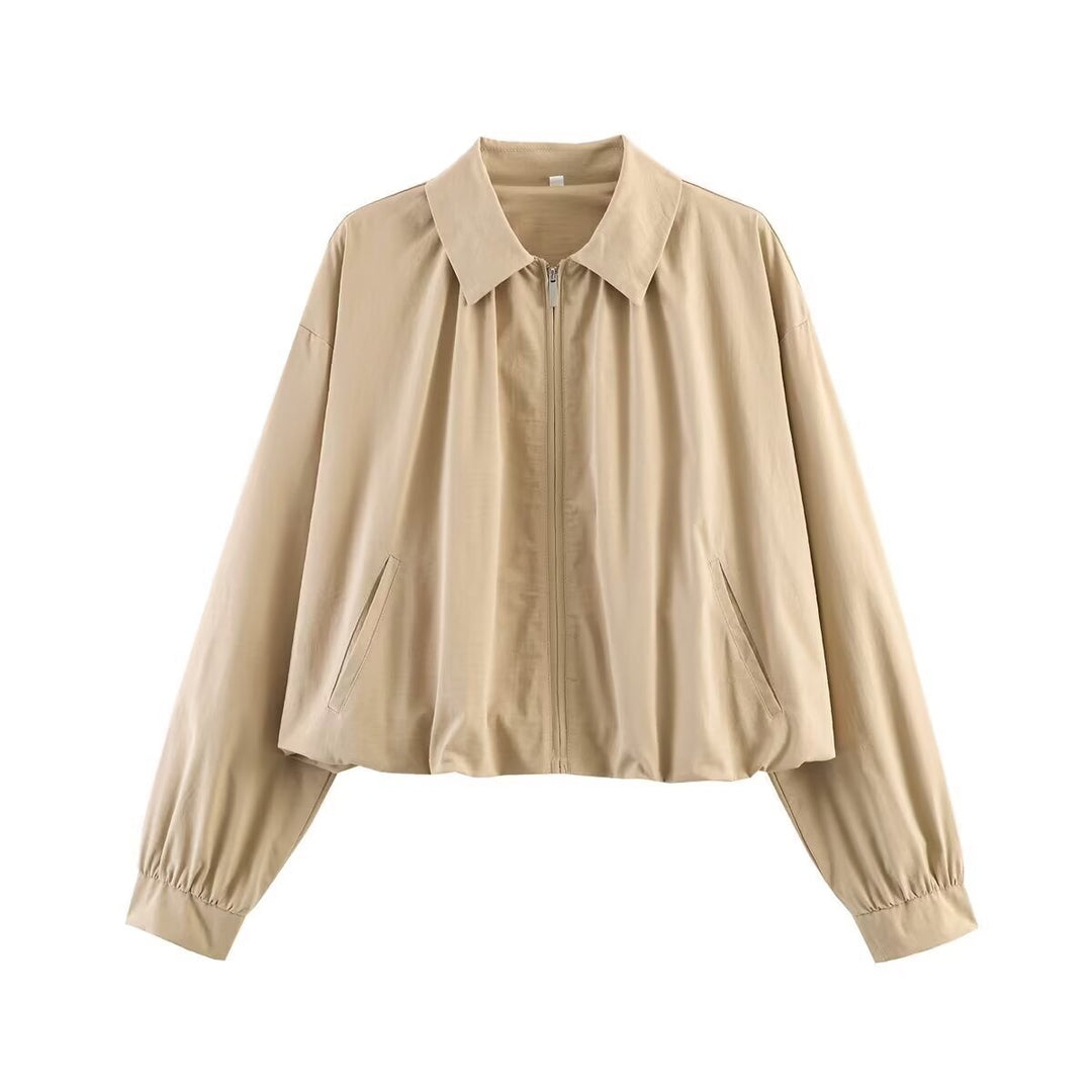 Women's cropped blouse with shirt collar, front zipper and gathered sleeve cuffs Mune Fashion