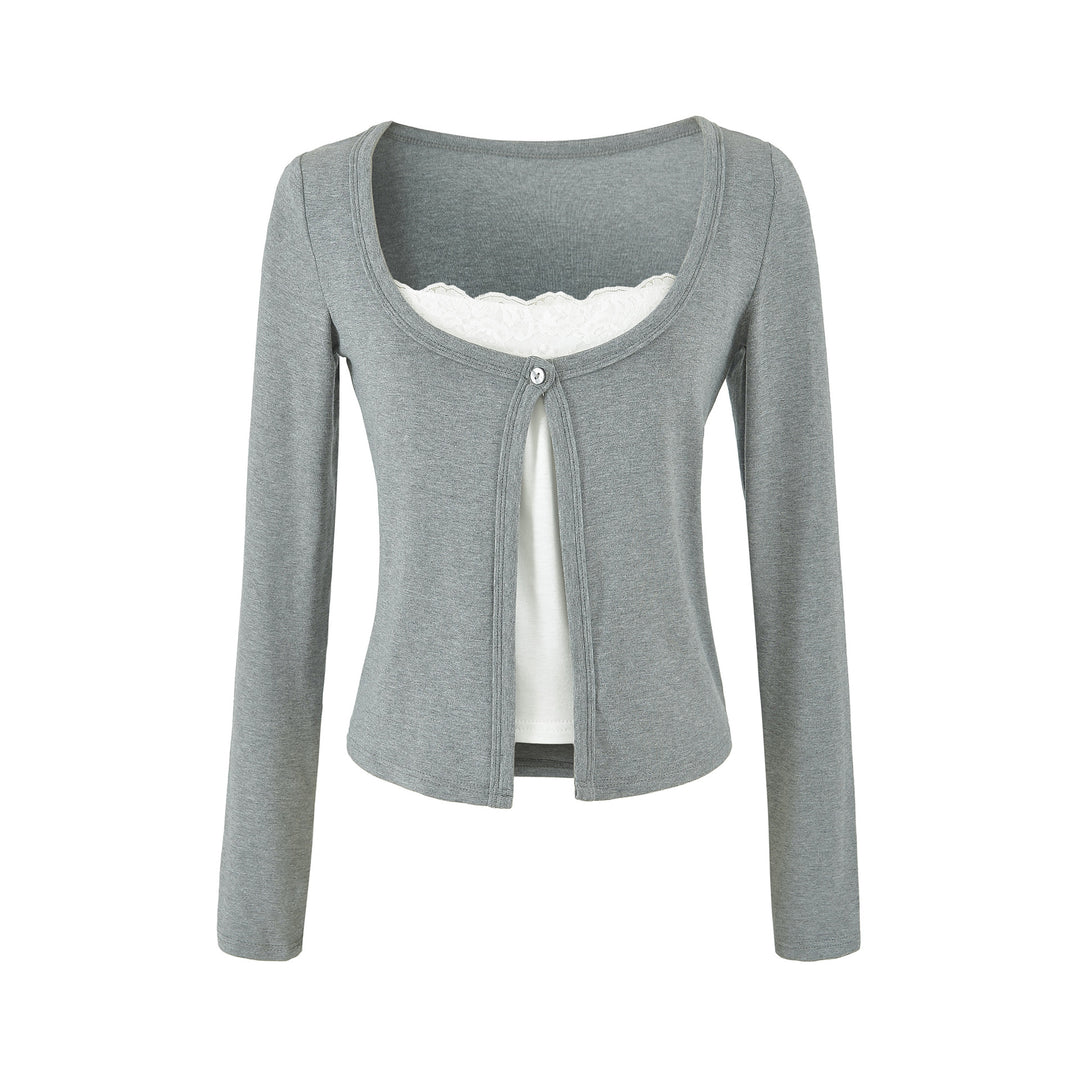 Women's layered cardigan with integrated lace cami and single-button closure Mune Fashion