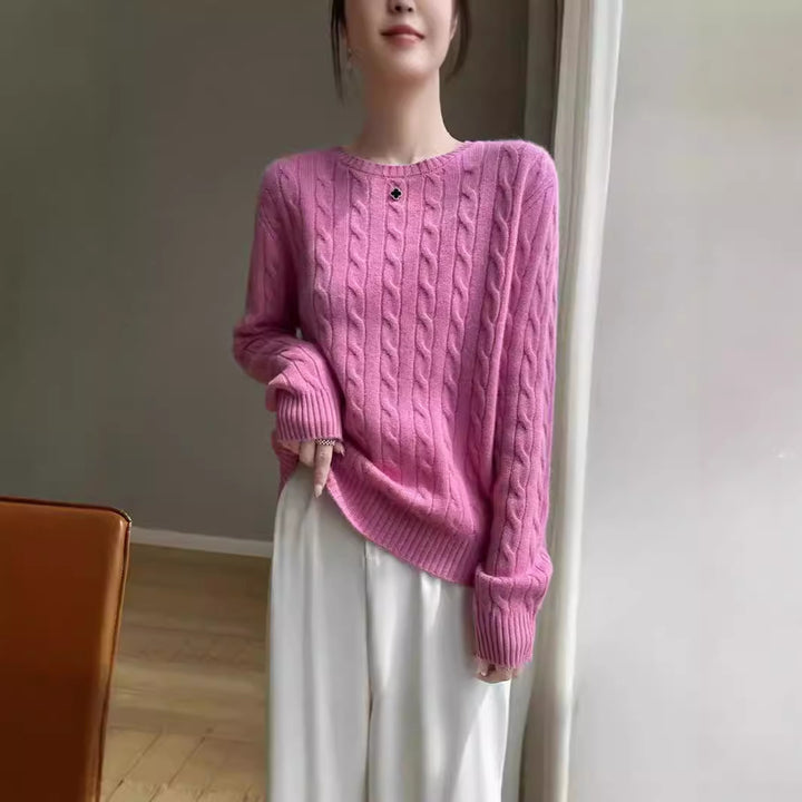 Women's cable knit round neck sweater made of soft wool blend with ribbed cuffs Mune Fashion