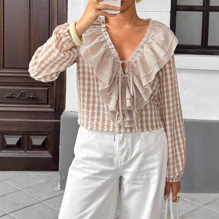 Women's Ruffle Blouse with Deep V-Neck and Ties Mune Fashion