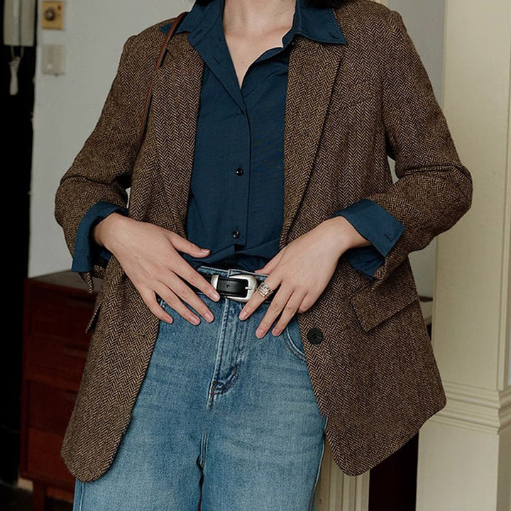 Women Elegant Herringbone Blazer Mune Fashion