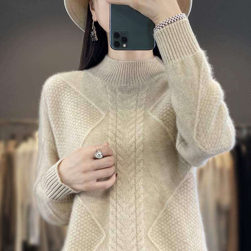 Women's Soft Cable Knit Mock Neck Sweater with Structure Patches and Fluffy Mohair Look Mune Fashion