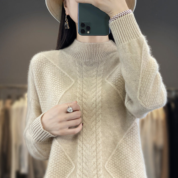 Women's Soft Cable Knit Mock Neck Sweater with Structure Patches and Fluffy Mohair Look Mune Fashion