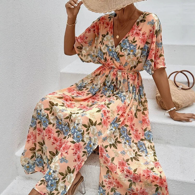 Women's floral V-neck tie dress with fitted belt and side leg slit Mune Fashion