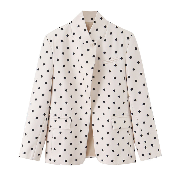 Women's Dotted Boxy Blazer with Stand Collar and Flap Pockets Mune Fashion