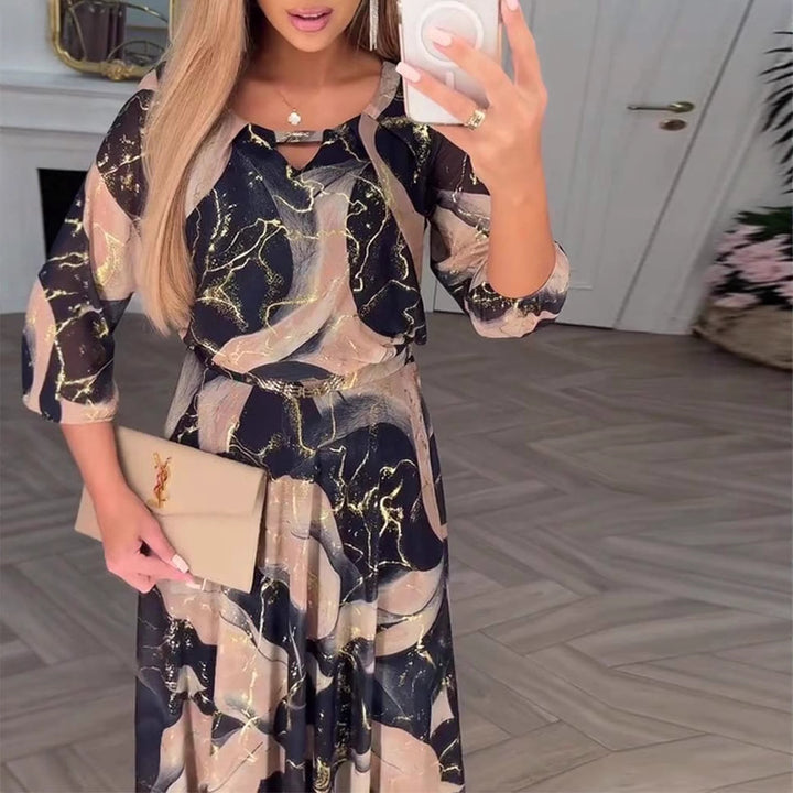 Women's floor-length chiffon dress with fitted tie belt, three-quarter sleeves and elegant watercolor print Mune Fashion